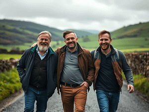 3 Irish men walking down an Irish road together. You can tell they are greet friends.