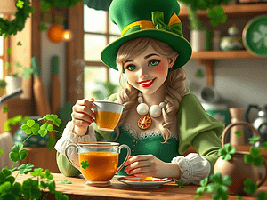 A beautiful female Leprechaun with a cup of tea. She has a really nice pretty smile and face.