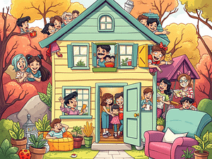 A cartoon house FULL of people. They all look happy to be there.