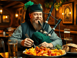 An Irish bagpiper with his pipes and a huge meal in fron of him.