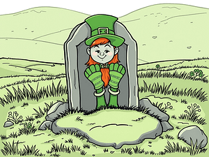 A Leprechaun that must have dug his own grave, because he is sitting in one.