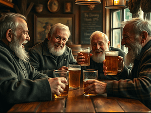 Old Irish gentlemen sitting at a pub drinking beer and having a great time.