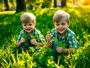 2 little boys in a field looking for 4 leaf clovers