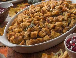 A nice oval baking dish of cider doughnut stuffing.