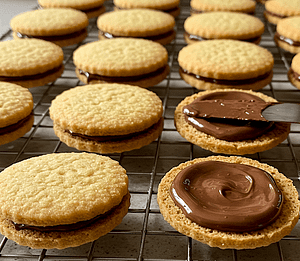 A cooling rack with fully and partially assembled cookies on it.
