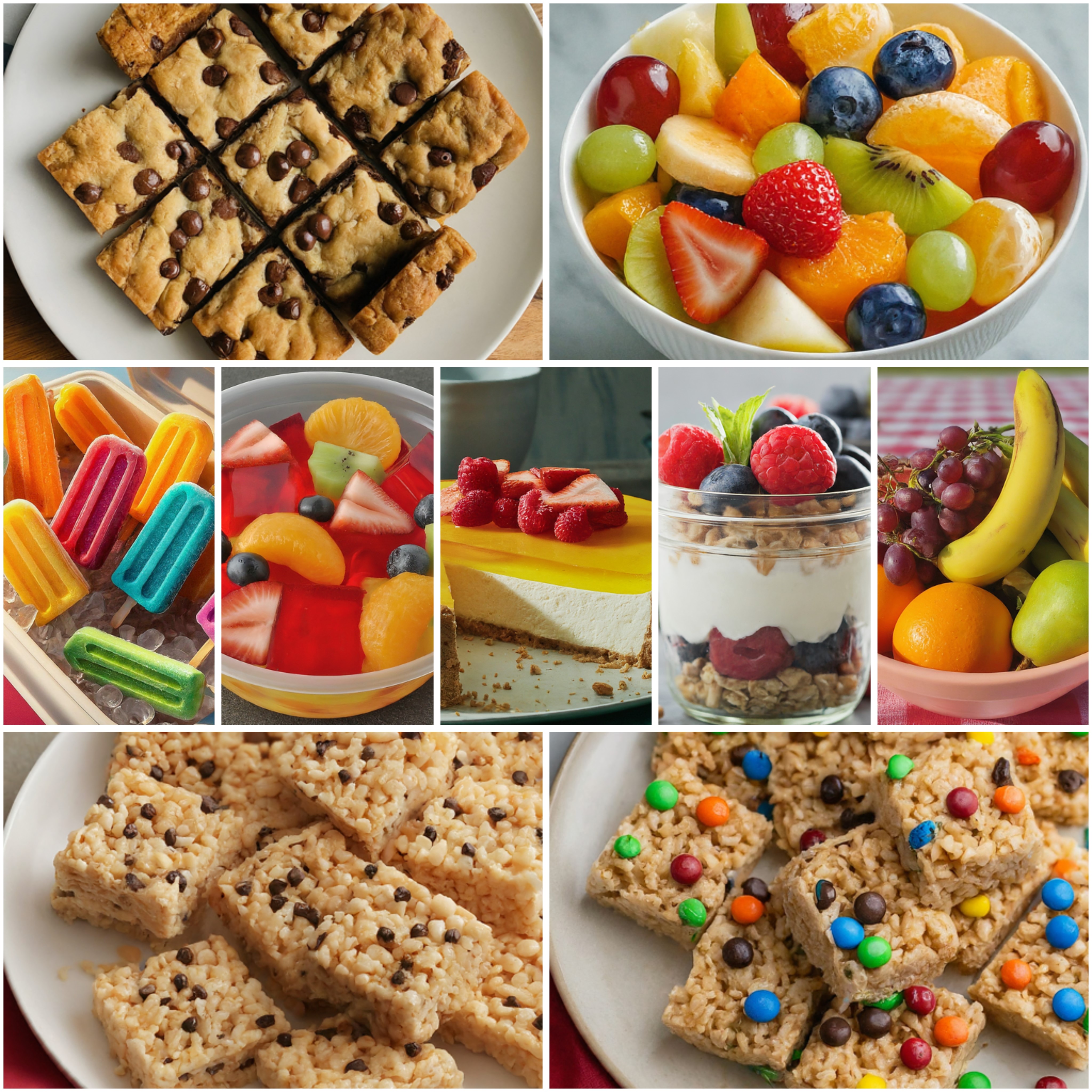 A collage of 9 pictures of desserts. Rice Krispie Treats, yogurt parfaits, cookie bars, pie, fruit salad, ice pops etc.