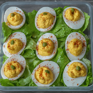 A container of deviled eggs on a bed of cgreens. This shows how to pack them for travel.