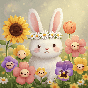 Bunny wearing a daisy crown. Flowers with faces all around the bunny.