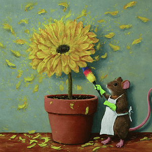 A flower pot with flowers. A mouse wearing a maids outfit using a feather duster on the flowers.