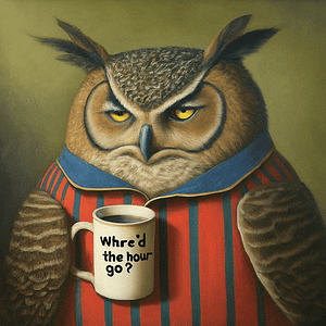 A angry looking owl holding a mug that says, 'where the hour go?"