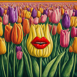 A bed of tulips. One of them has a pair of big lips!