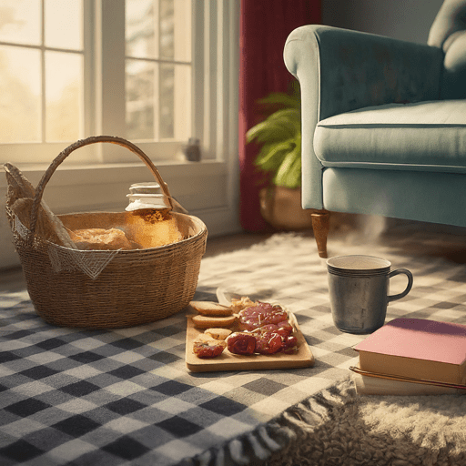A scene with living room furniture and a picnic set up.