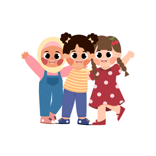 A drawing of three little kids. They look very happy and are waving.