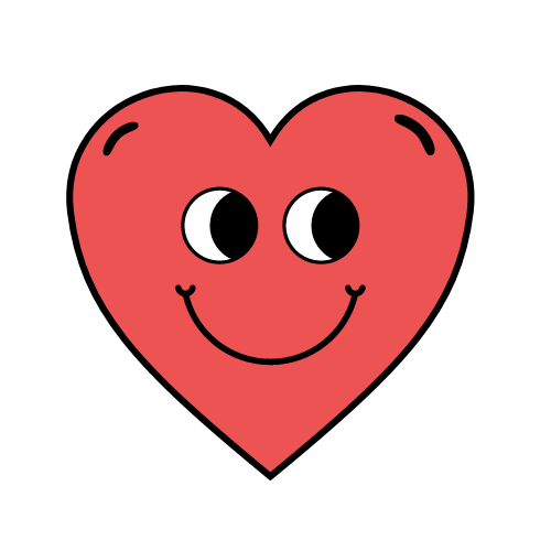 An outlined heart with a smiley face and big eyes looking to it's left.