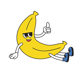 A cartoon of a banana that slipped. It has a face, arms and legs. And a big smile