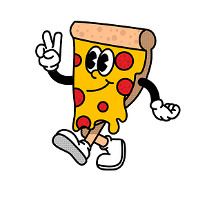 A slice of pizza with a face, arms and legs. Really cute.