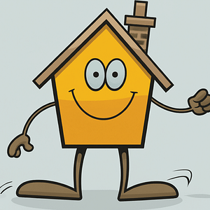 A cartoon house with legs and arms and cute face smiling.