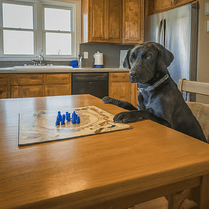 Image of a dog playing a board game at the kitchen table.