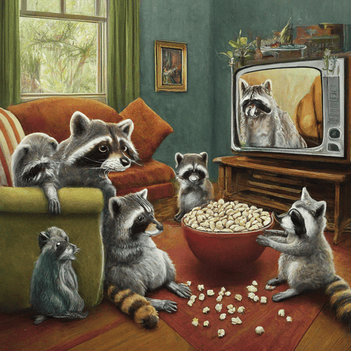A family of racoons sitting around the lliving room. The TV is on and the kids are playing on the floor.