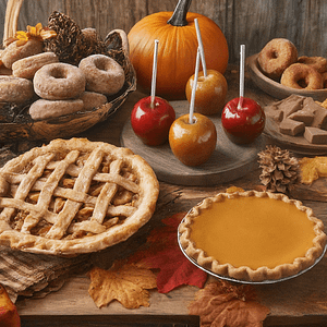 An autumn table filled with apple pie, pumpkin pie, candy apples, fudge