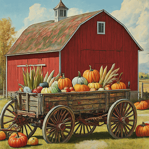 A pretty red barn with a wooden wagon in front. The wagon is filled with harvest veggies.