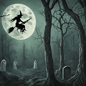A full moon with a witch reding a broom flying in forst of it. A graveyard and trees. very spooky!