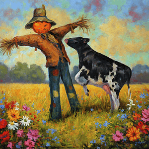 A scarecrow with a cow. The cow looks like she is in love with the scarecrow and the scarecrow looks a bit taken back.