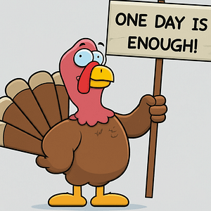 A cartoon turkey holding a sign that reads, "One day is enough"