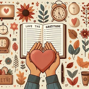 A cartoon of a heart, hands, journal and other gratitude symbols