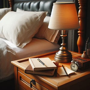 A bed, nightstand, lamp and an open journal on the snightstand.