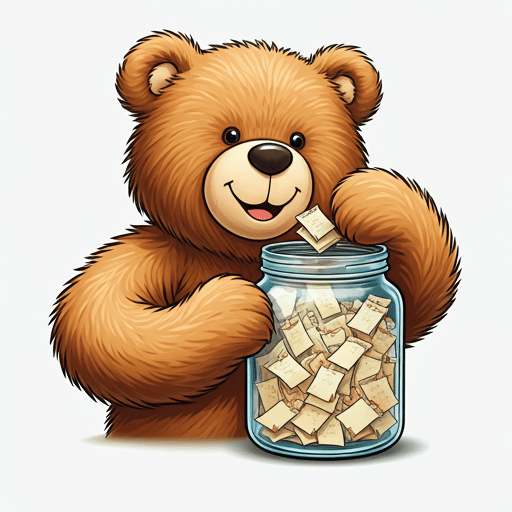 A teddy bear pulling a note out of a jar of love notes.
