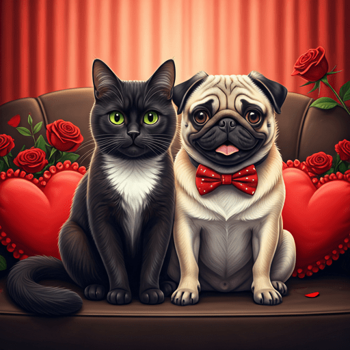 Cartoon black cat and a bulldog on a overstuffed chair that is decorated for Valentine's Day. hearts and flowers.