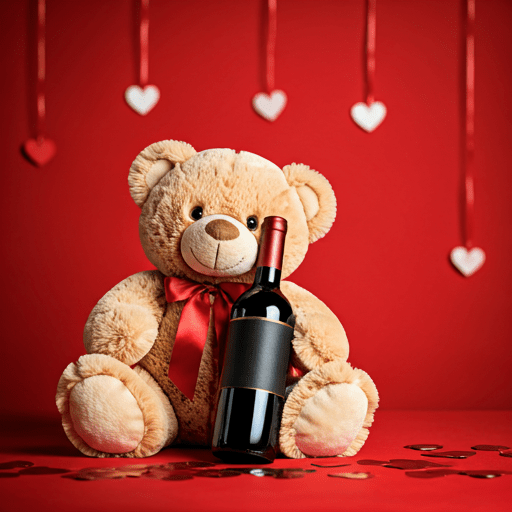 A Teddy Bear with a bottle of wine and heart decorations hanging in the background.
