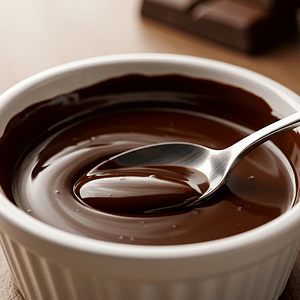 A bowl of smooth velvety melted chocolate with a spoon coming out of it.