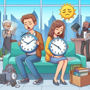 Very tired people holding clocks. Even the sun is tired.