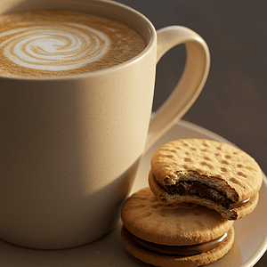 A mug of creamy coffee with two copycat milano cookies next to it.