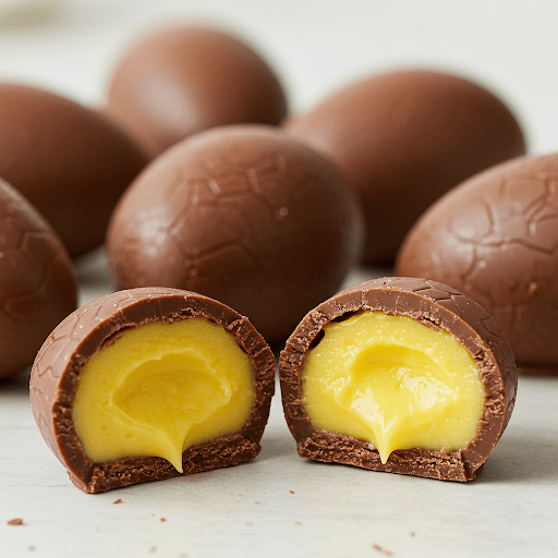 A picture of 7 homemade Cadbury Creme Eggs. The one in the front is cut open revealing the ooey gooey center.