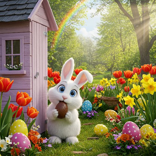 A very surprised bunny eating a chocolate egg in a beautiful spring garden by a shed. He looks like he just got caught eating the kids candy.