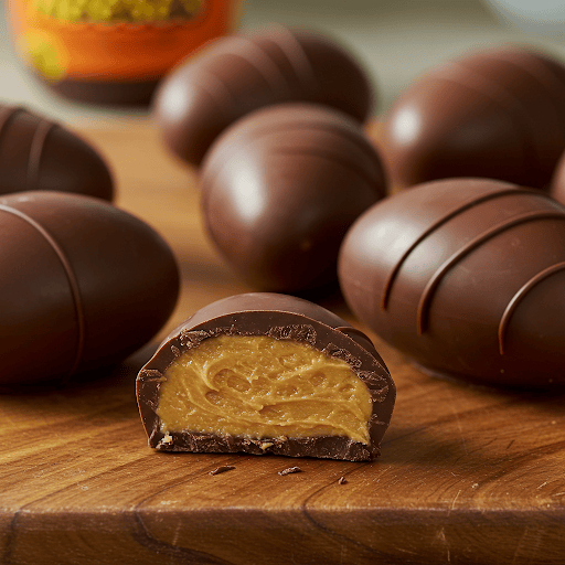 7 homemade Reese's Peanut Butter Eggs. The one in the front is cut open revealing the yummy peanut butter.