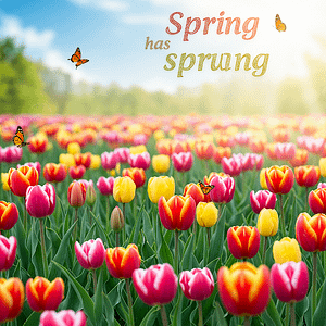 The words, "spring has sprung" over a scene with bees, butterflies, and flowers.