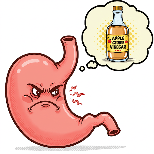A cartoon of an angry stomach dreaming of apple cider vinegar.