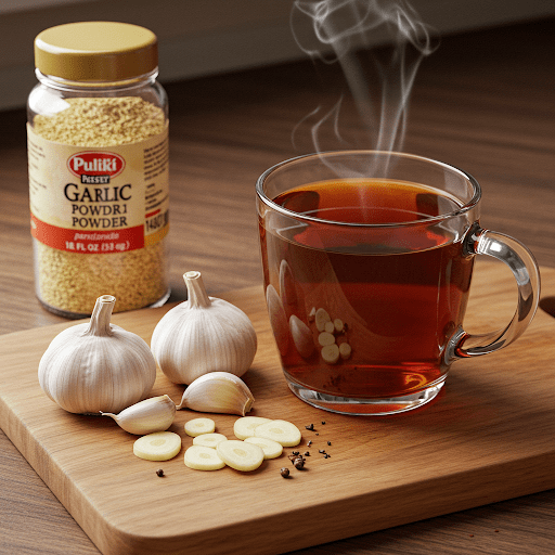 A bottle of garlic powder, a cup of tea, a cutting board with cloves of garlic on it.