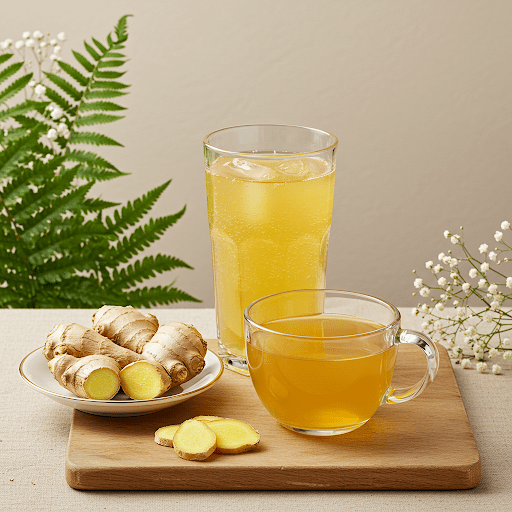 A peaceful fern background. A cup of ginger tes, glass of giner ale and a plate of cut up giner in the foreground.