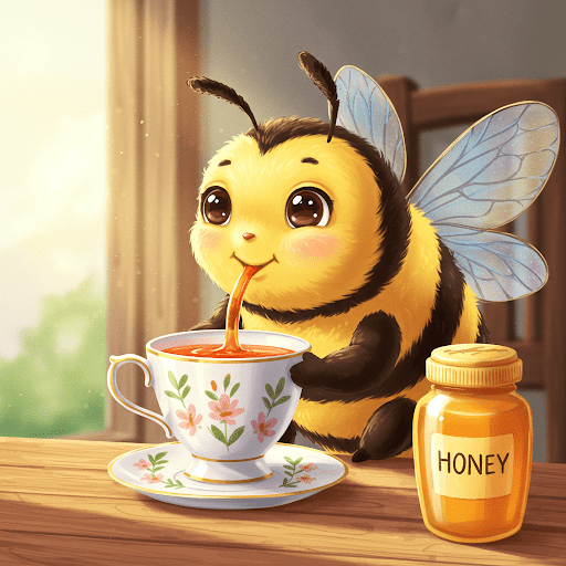 An adorable bee sipping tea through a straw out of a tea cup. A bottle of honey next to the bee.