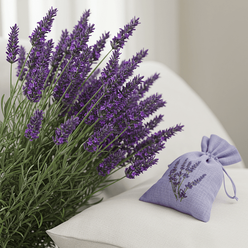 A lavender plant with a sachet of lavender next to it.