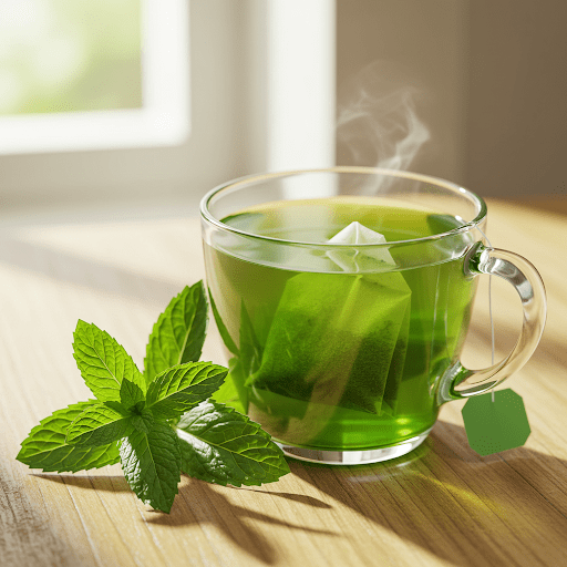 A cup of mint tea with a big sprig of mint next to it.