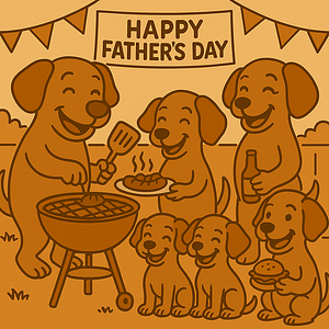 The daddy dog with his kids, wife and guests having a BBQ. There is a grill that the daddy is attending to and a banner that reads, "Happy Father's Day"