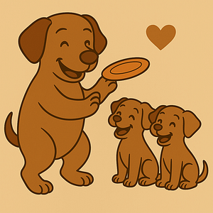 A plump daddy dog teaching his two pups how to chase a frisbee.