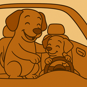 A daddy dog teaching his daughter how to drive.