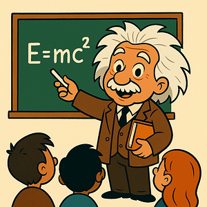 A cartoon of Albert Einstein teaching a class. He is writing "E=MC²